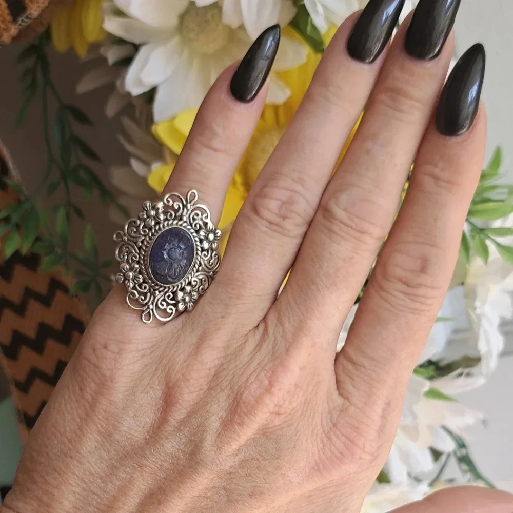 Tanzanite Natural Hand Carved Floral Ring In 925 Sterling Silver.